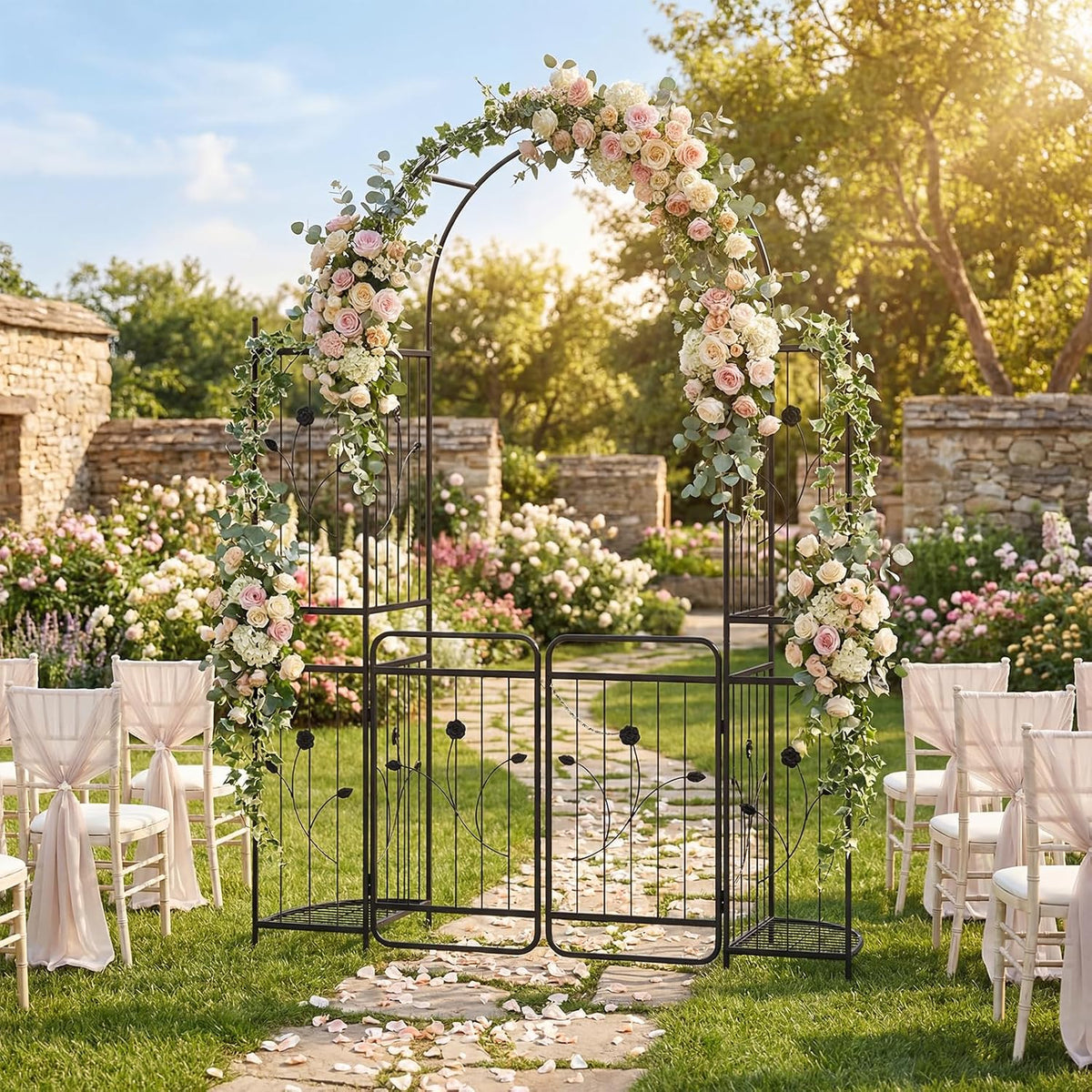 87-Inch Metal Garden Arch with Lockable Gate, Side Shelves, Black