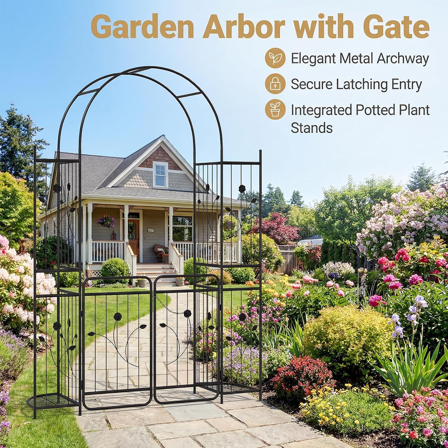 87-Inch Metal Garden Arch with Lockable Gate, Side Shelves, Black