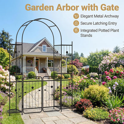 87-Inch Metal Garden Arch with Lockable Gate, Side Shelves, Black