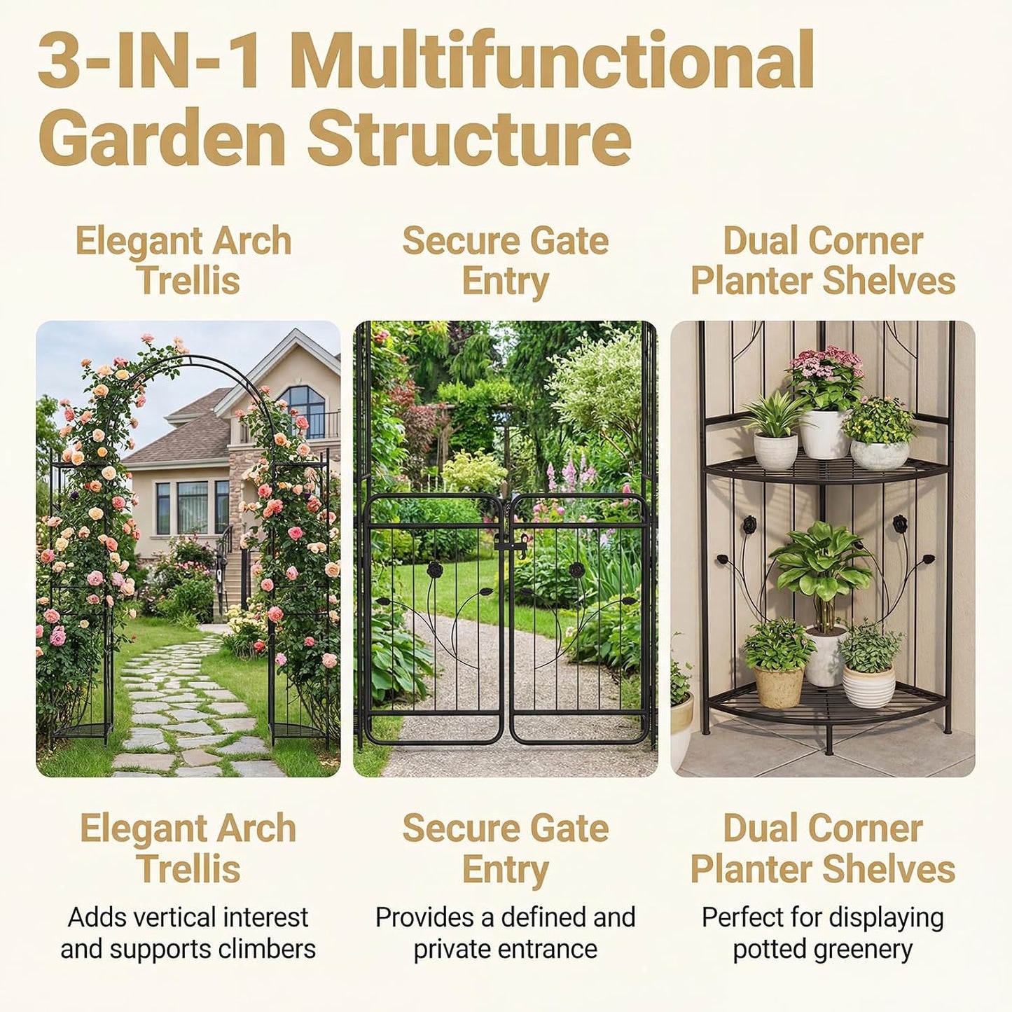 87-Inch Metal Garden Arch with Lockable Gate, Side Shelves, Black