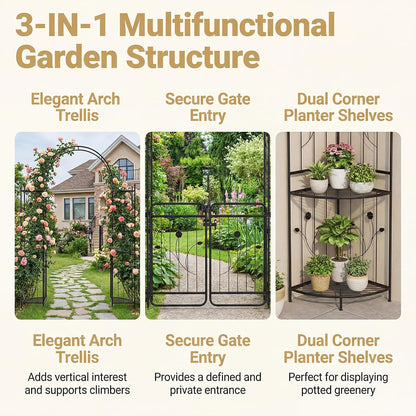 87-Inch Metal Garden Arch with Lockable Gate, Side Shelves, Black