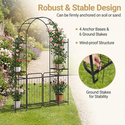 87-Inch Metal Garden Arch with Lockable Gate, Side Shelves, Black