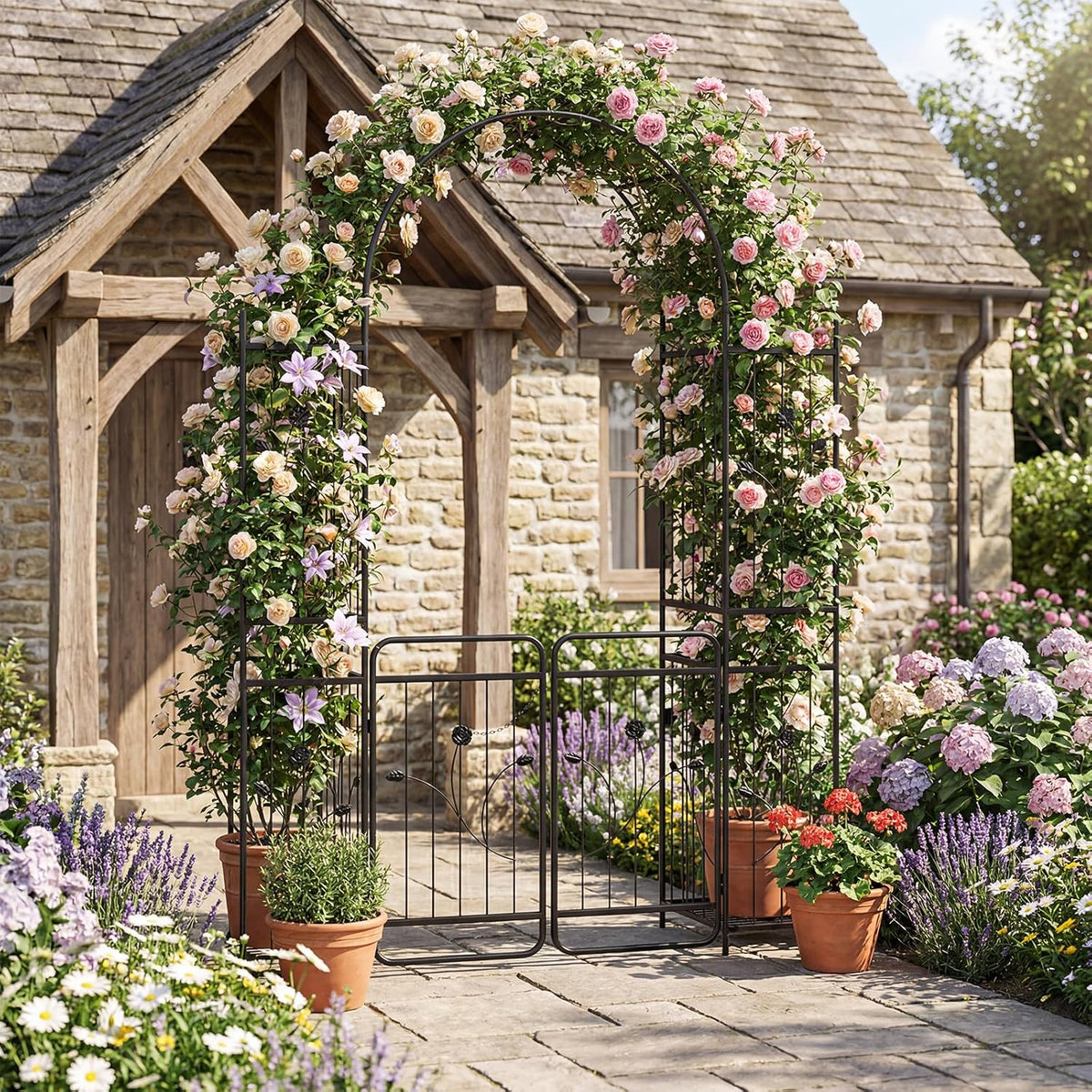87-Inch Metal Garden Arch with Lockable Gate, Side Shelves, Black