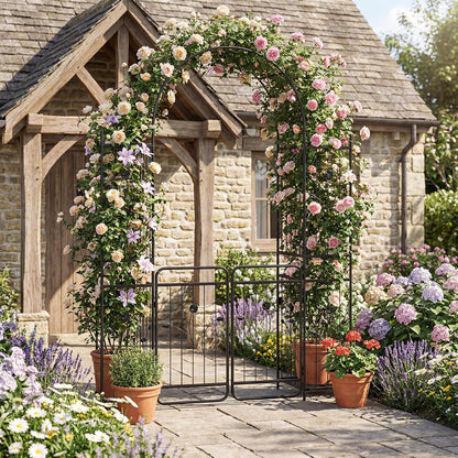 87-Inch Metal Garden Arch with Lockable Gate, Side Shelves, Black