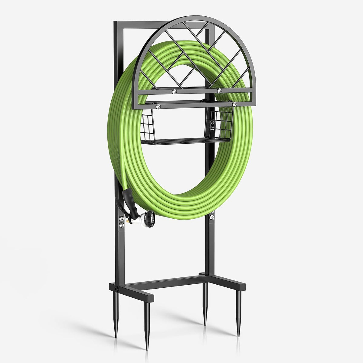 Garden Hose Holder Heavy Duty Water Hose Holder with Storage Basket,Holds Up to 165FT Hose, Freestanding Outdoor Hose Hanger with 4 Spikes Sturdy Hose Stand, for Outside Yard Lawn Patio