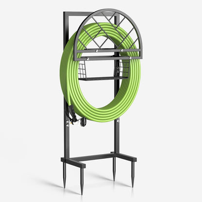 Garden Hose Holder Heavy Duty Water Hose Holder with Storage Basket,Holds Up to 165FT Hose, Freestanding Outdoor Hose Hanger with 4 Spikes Sturdy Hose Stand, for Outside Yard Lawn Patio