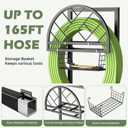 Garden Hose Holder Heavy Duty Water Hose Holder with Storage Basket,Holds Up to 165FT Hose, Freestanding Outdoor Hose Hanger with 4 Spikes Sturdy Hose Stand, for Outside Yard Lawn Patio