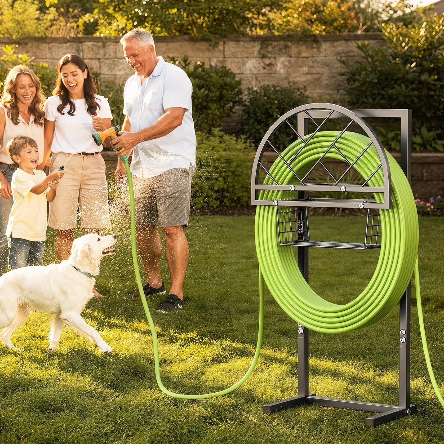 Garden Hose Holder Heavy Duty Water Hose Holder with Storage Basket,Holds Up to 165FT Hose, Freestanding Outdoor Hose Hanger with 4 Spikes Sturdy Hose Stand, for Outside Yard Lawn Patio