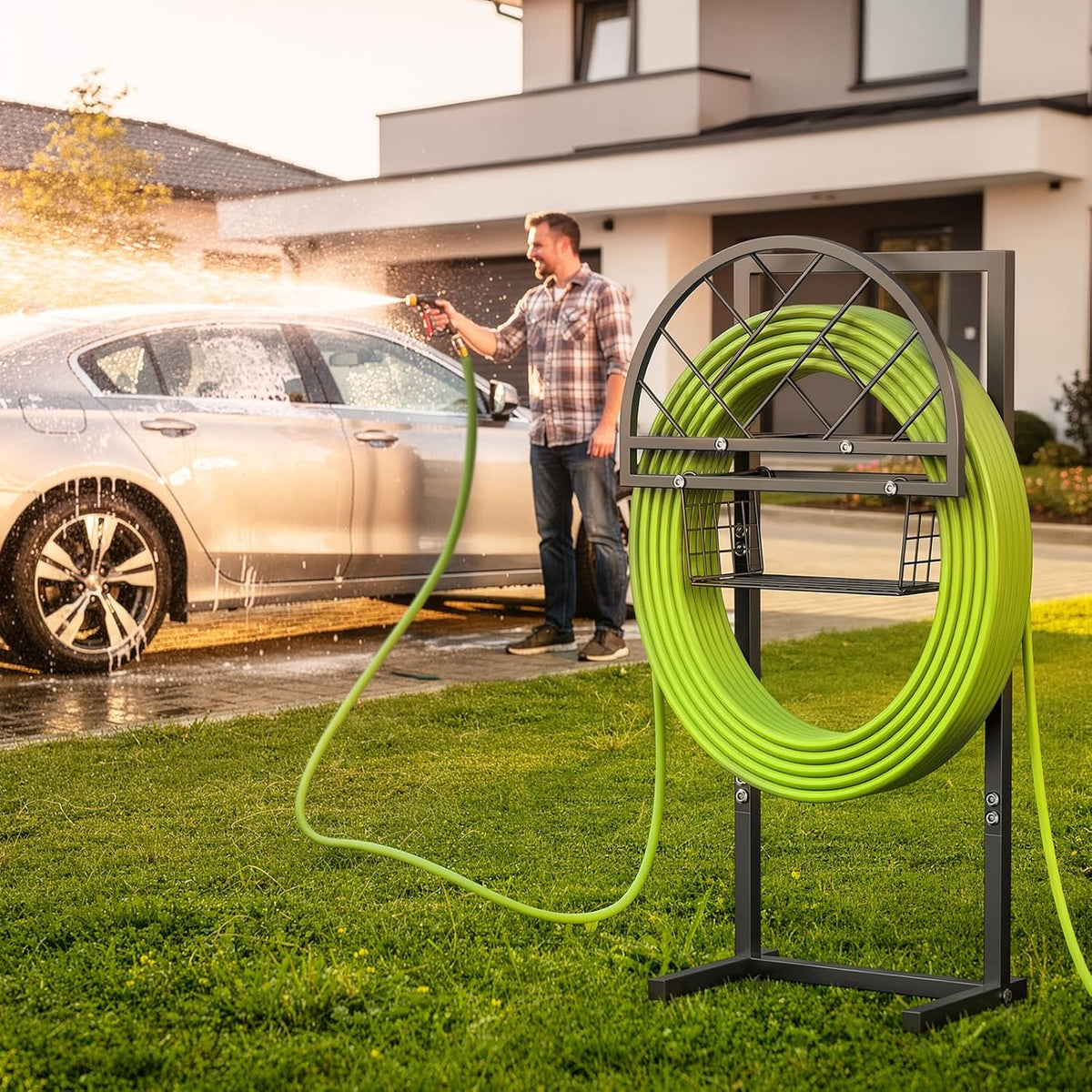 Garden Hose Holder Heavy Duty Water Hose Holder with Storage Basket,Holds Up to 165FT Hose, Freestanding Outdoor Hose Hanger with 4 Spikes Sturdy Hose Stand, for Outside Yard Lawn Patio