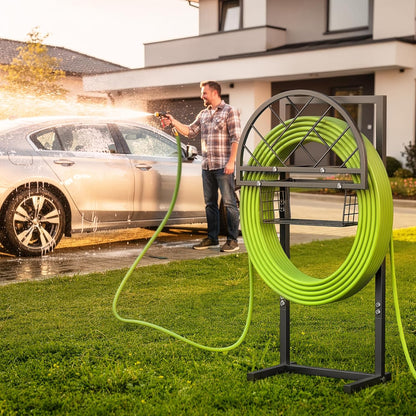 Garden Hose Holder Heavy Duty Water Hose Holder with Storage Basket,Holds Up to 165FT Hose, Freestanding Outdoor Hose Hanger with 4 Spikes Sturdy Hose Stand, for Outside Yard Lawn Patio