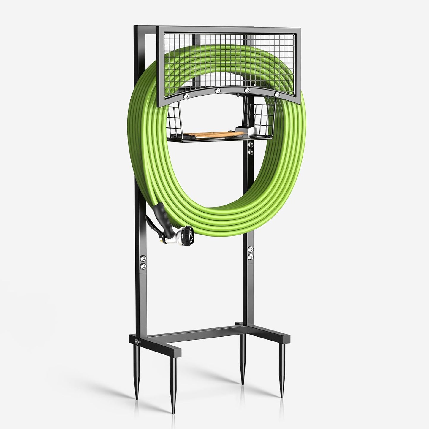 Garden Hose Holder Heavy Duty Water Hose Holder with Storage Basket,Holds Up to 165FT Hose, Freestanding Outdoor Hose Hanger with 4 Spikes Sturdy Hose Stand, for Outside Yard Lawn Patio