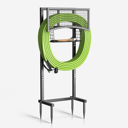 Garden Hose Holder Heavy Duty Water Hose Holder with Storage Basket,Holds Up to 165FT Hose, Freestanding Outdoor Hose Hanger with 4 Spikes Sturdy Hose Stand, for Outside Yard Lawn Patio