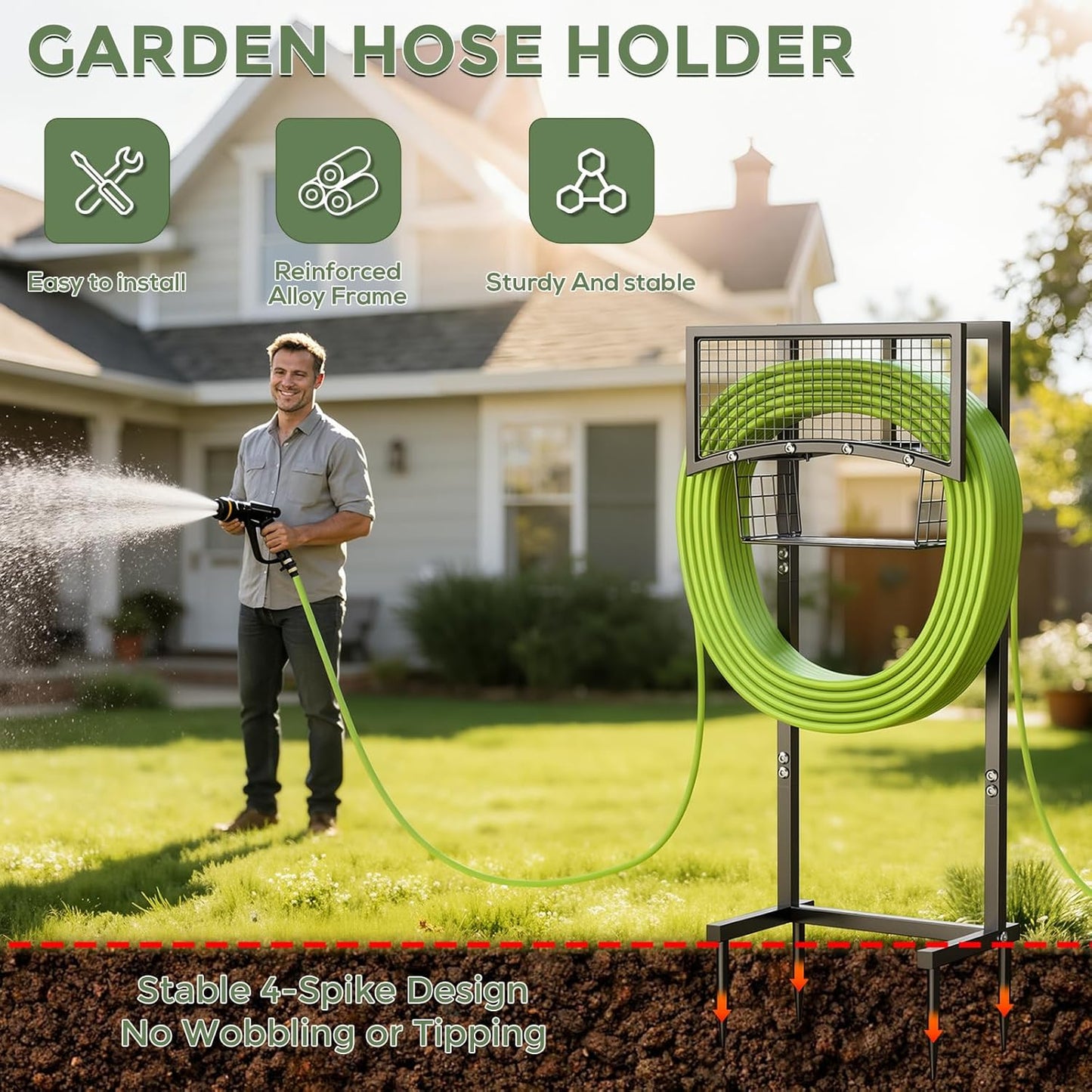 Garden Hose Holder Heavy Duty Water Hose Holder with Storage Basket,Holds Up to 165FT Hose, Freestanding Outdoor Hose Hanger with 4 Spikes Sturdy Hose Stand, for Outside Yard Lawn Patio