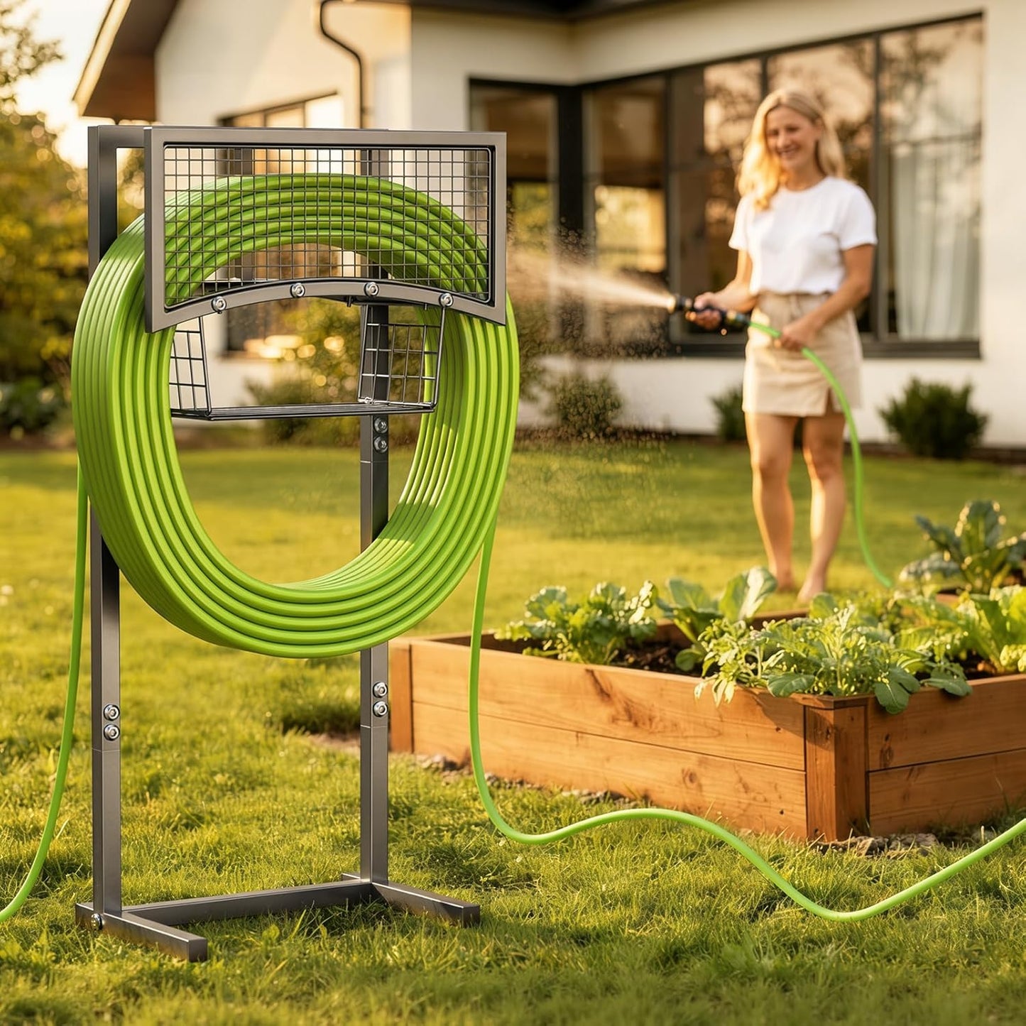 Garden Hose Holder Heavy Duty Water Hose Holder with Storage Basket,Holds Up to 165FT Hose, Freestanding Outdoor Hose Hanger with 4 Spikes Sturdy Hose Stand, for Outside Yard Lawn Patio