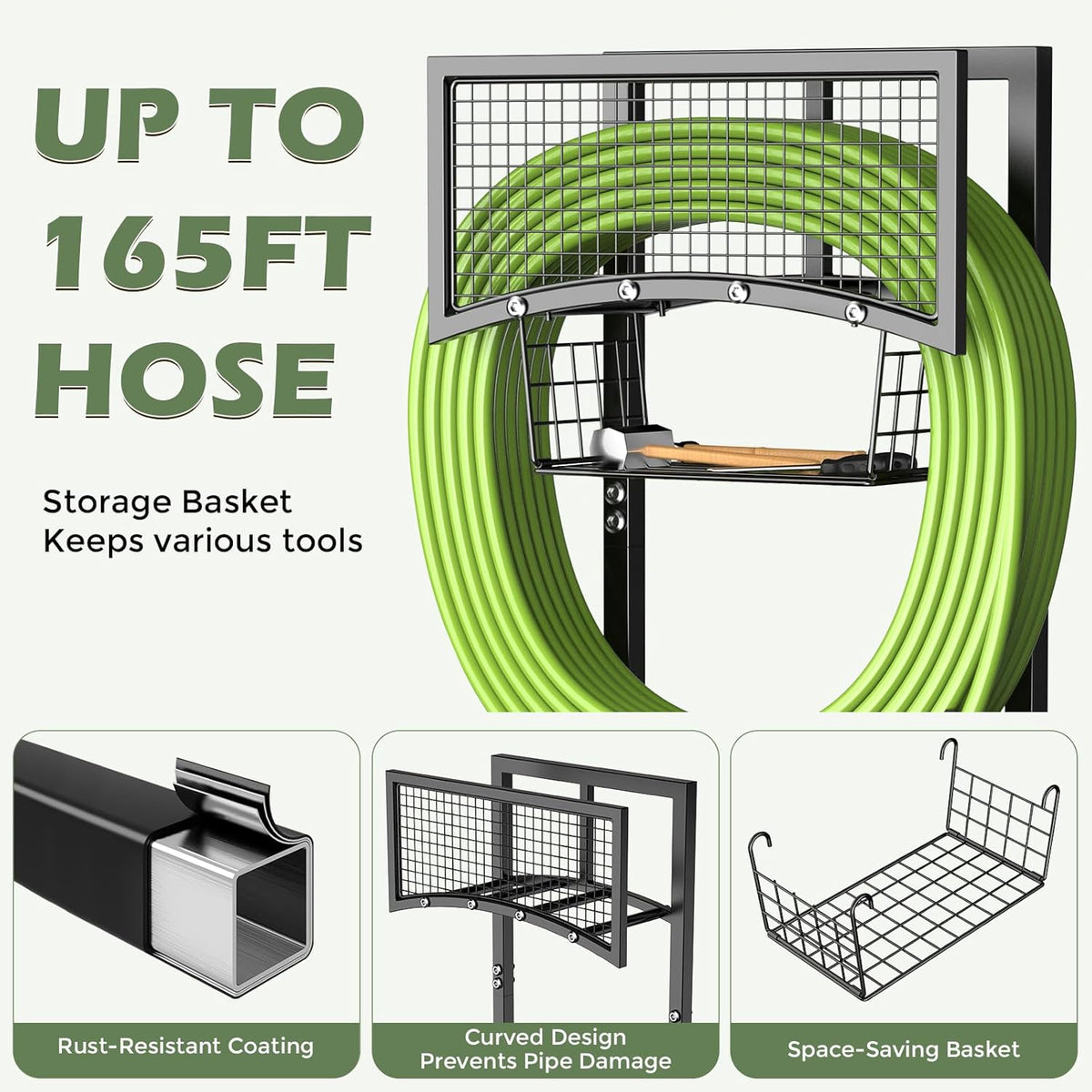 Garden Hose Holder Heavy Duty Water Hose Holder with Storage Basket,Holds Up to 165FT Hose, Freestanding Outdoor Hose Hanger with 4 Spikes Sturdy Hose Stand, for Outside Yard Lawn Patio