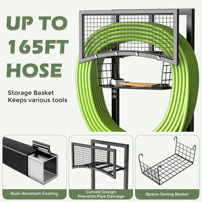 Garden Hose Holder Heavy Duty Water Hose Holder with Storage Basket,Holds Up to 165FT Hose, Freestanding Outdoor Hose Hanger with 4 Spikes Sturdy Hose Stand, for Outside Yard Lawn Patio
