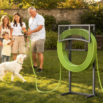 Garden Hose Holder Heavy Duty Water Hose Holder with Storage Basket,Holds Up to 165FT Hose, Freestanding Outdoor Hose Hanger with 4 Spikes Sturdy Hose Stand, for Outside Yard Lawn Patio