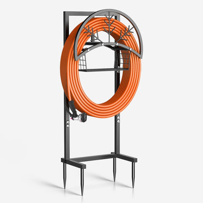Garden Hose Holder Heavy Duty Water Hose Holder with Storage Basket,Holds Up to 165FT Hose, Freestanding Outdoor Hose Hanger with 4 Spikes Sturdy Hose Stand, for Outside Yard Lawn Patio