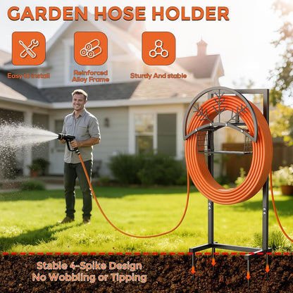 Garden Hose Holder Heavy Duty Water Hose Holder with Storage Basket,Holds Up to 165FT Hose, Freestanding Outdoor Hose Hanger with 4 Spikes Sturdy Hose Stand, for Outside Yard Lawn Patio