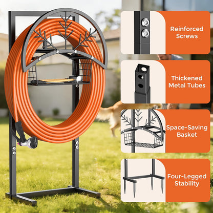 Garden Hose Holder Heavy Duty Water Hose Holder with Storage Basket,Holds Up to 165FT Hose, Freestanding Outdoor Hose Hanger with 4 Spikes Sturdy Hose Stand, for Outside Yard Lawn Patio
