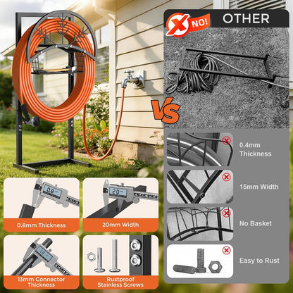 Garden Hose Holder Heavy Duty Water Hose Holder with Storage Basket,Holds Up to 165FT Hose, Freestanding Outdoor Hose Hanger with 4 Spikes Sturdy Hose Stand, for Outside Yard Lawn Patio