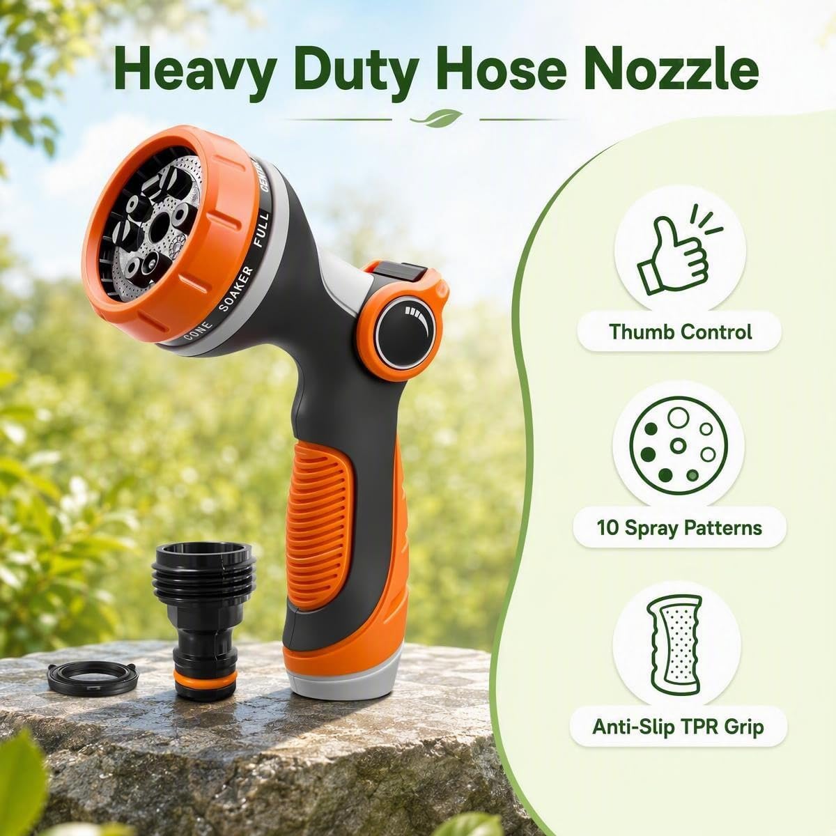 Garden Hose Sprayer Nozzle, Heavy Duty Water Hose Nozzle Gift for Dad, Thumb Control 10 Function Solid ABS Material, Ergonomic Slip Proof with Standard 3/4" Fitting & Quick Connector