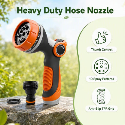 Garden Hose Sprayer Nozzle, Heavy Duty Water Hose Nozzle Gift for Dad, Thumb Control 10 Function Solid ABS Material, Ergonomic Slip Proof with Standard 3/4" Fitting & Quick Connector