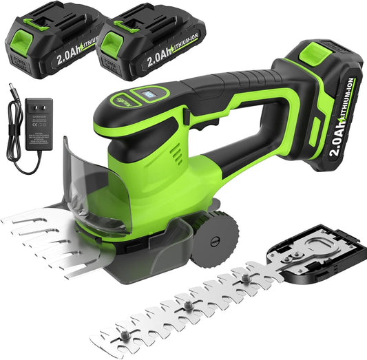 2-in-1 Hedge Trimmer Cordless, Electric Bush Trimmer & Hedge Shears, Lightweight Grass Cutter with 2 * 2.0Ah Batteries & Charger, Battery Grass Trimmer, Handheld Shrub Trimmer Garden Tools