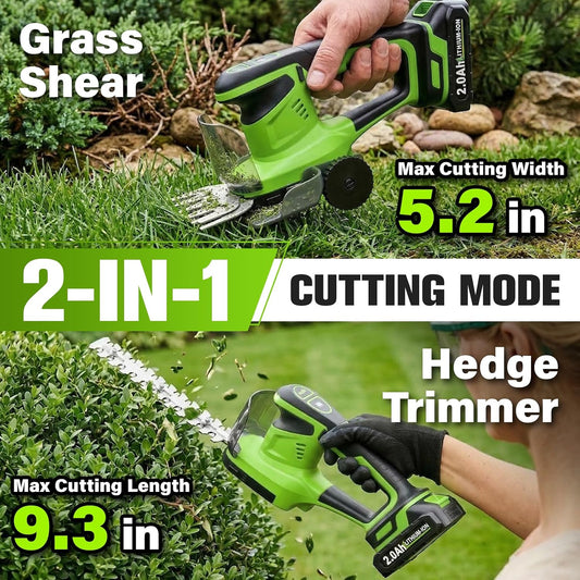 2-in-1 Hedge Trimmer Cordless, Electric Bush Trimmer & Hedge Shears, Lightweight Grass Cutter with 2 * 2.0Ah Batteries & Charger, Battery Grass Trimmer, Handheld Shrub Trimmer Garden Tools