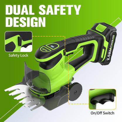 2-in-1 Hedge Trimmer Cordless, Electric Bush Trimmer & Hedge Shears, Lightweight Grass Cutter with 2 * 2.0Ah Batteries & Charger, Battery Grass Trimmer, Handheld Shrub Trimmer Garden Tools