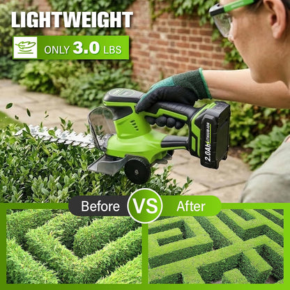 2-in-1 Hedge Trimmer Cordless, Electric Bush Trimmer & Hedge Shears, Lightweight Grass Cutter with 2 * 2.0Ah Batteries & Charger, Battery Grass Trimmer, Handheld Shrub Trimmer Garden Tools