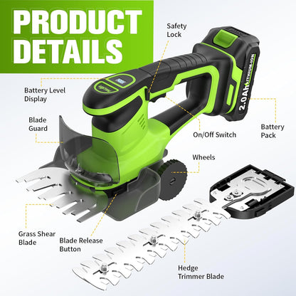 2-in-1 Hedge Trimmer Cordless, Electric Bush Trimmer & Hedge Shears, Lightweight Grass Cutter with 2 * 2.0Ah Batteries & Charger, Battery Grass Trimmer, Handheld Shrub Trimmer Garden Tools