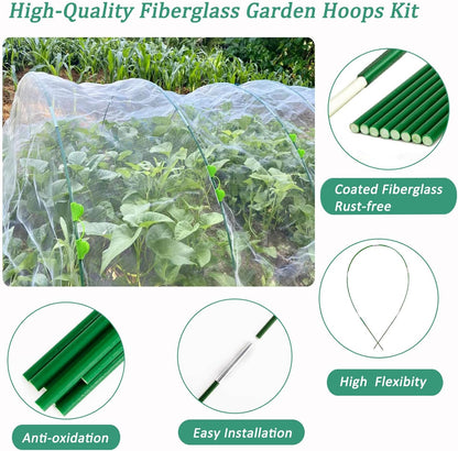Garden Hoops for Raised Beds, 25pcs Greenhouse Hoops,Fiberglass 2- 8ft, Garden Tunnel with 15 Clips, Detachable Hoop House Frame for Row Cover,Garden Netting, Plant Covers