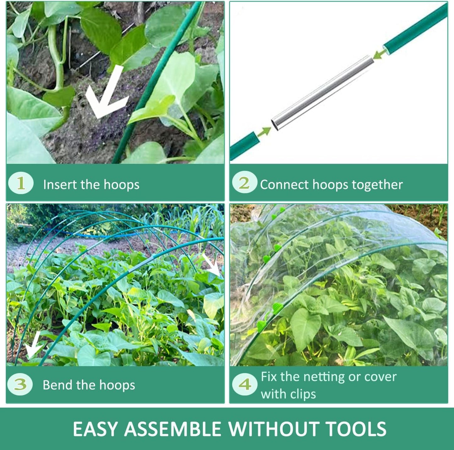 Garden Hoops for Raised Beds, 25pcs Greenhouse Hoops,Fiberglass 2- 8ft, Garden Tunnel with 15 Clips, Detachable Hoop House Frame for Row Cover,Garden Netting, Plant Covers
