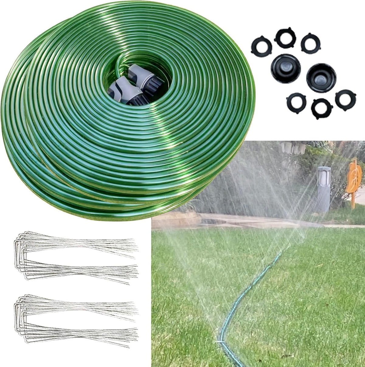 75 FT Flat Sprinkler Hose for Lawn Watering Garden Soaker Hose with Holes, Heavy Duty Lightweight No-Kink Water Hose with Stakes, Irrigation Hose, Great Fun for Kids and Dog