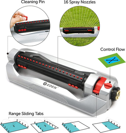 96216 Heavy Duty Turbo Oscillating Sprinkler, Covers Up to 4,900 sq. ft., 20 Precision Nozzles, Aluminum Base, Flow and Width Control, Adjustable Range, Quick Connects, Filters