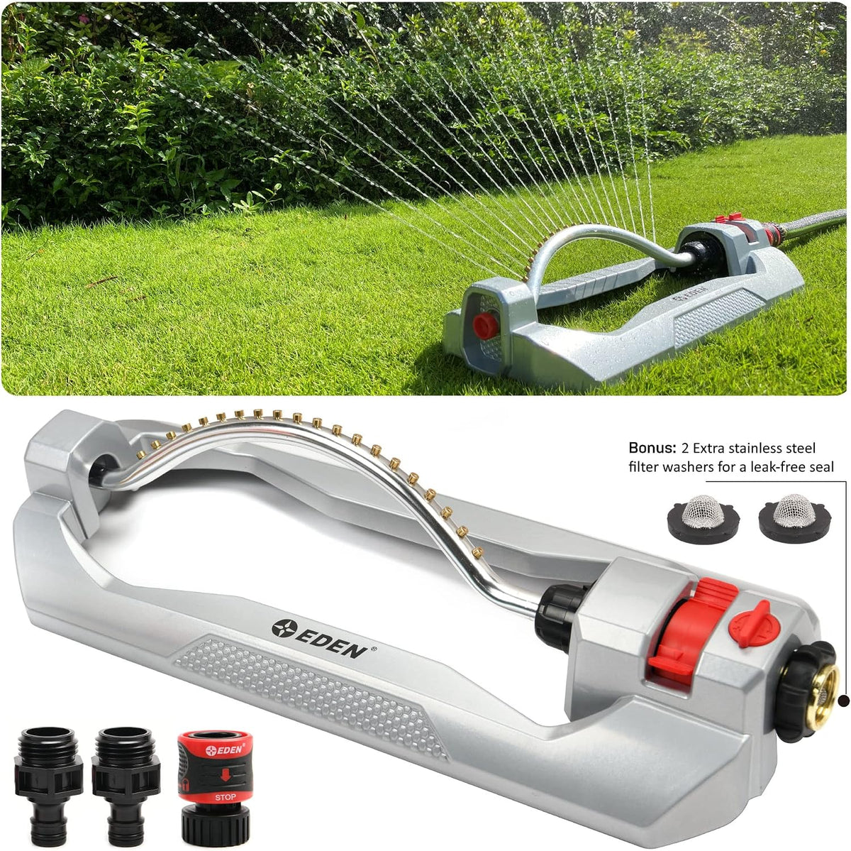 96216 Heavy Duty Turbo Oscillating Sprinkler, Covers Up to 4,900 sq. ft., 20 Precision Nozzles, Aluminum Base, Flow and Width Control, Adjustable Range, Quick Connects, Filters