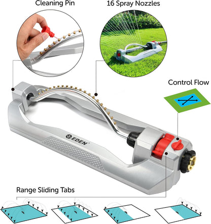 96216 Heavy Duty Turbo Oscillating Sprinkler, Covers Up to 4,900 sq. ft., 20 Precision Nozzles, Aluminum Base, Flow and Width Control, Adjustable Range, Quick Connects, Filters