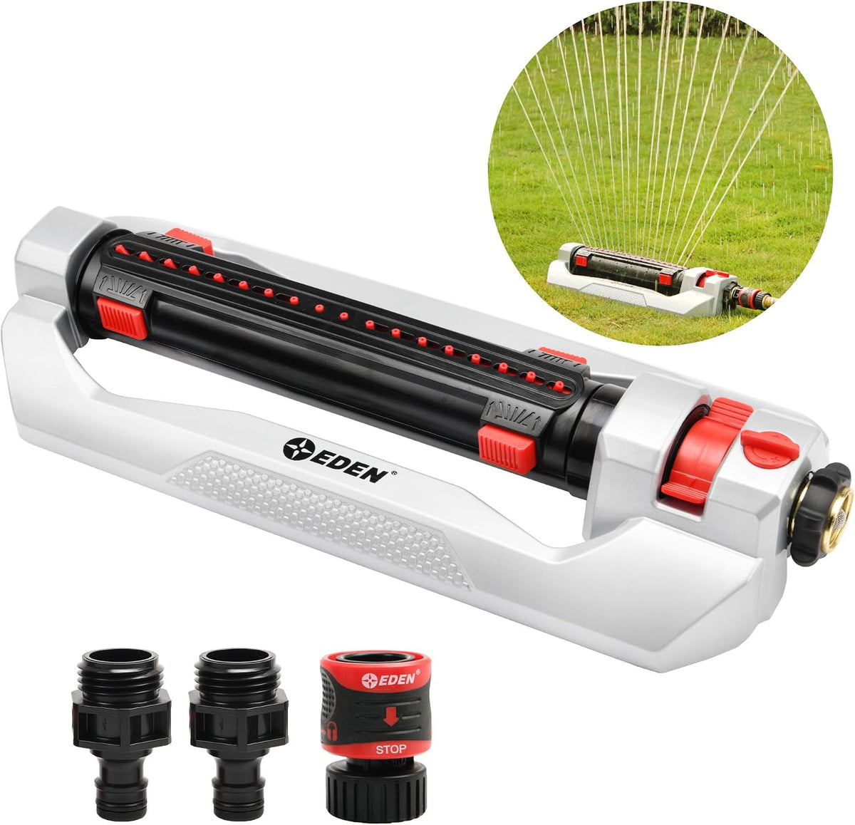 96216 Heavy Duty Turbo Oscillating Sprinkler, Covers Up to 4,900 sq. ft., 20 Precision Nozzles, Aluminum Base, Flow and Width Control, Adjustable Range, Quick Connects, Filters