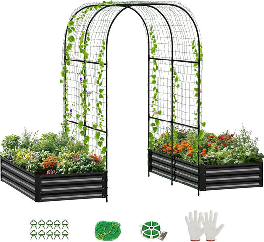 3 in 1 Galvanized Raised Garden Bed with 87" H Arch Trellis