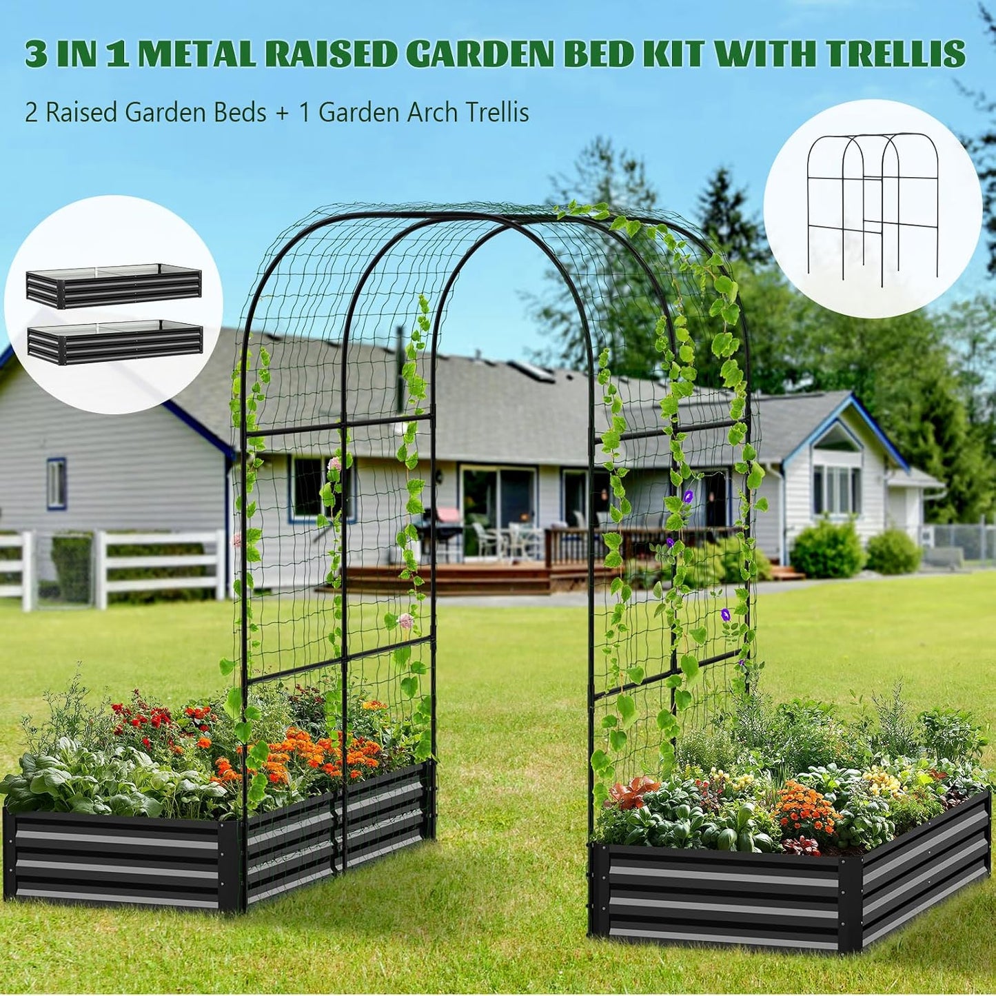 3 in 1 Galvanized Raised Garden Bed with 87" H Arch Trellis