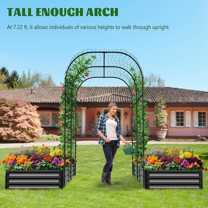 3 in 1 Galvanized Raised Garden Bed with 87" H Arch Trellis