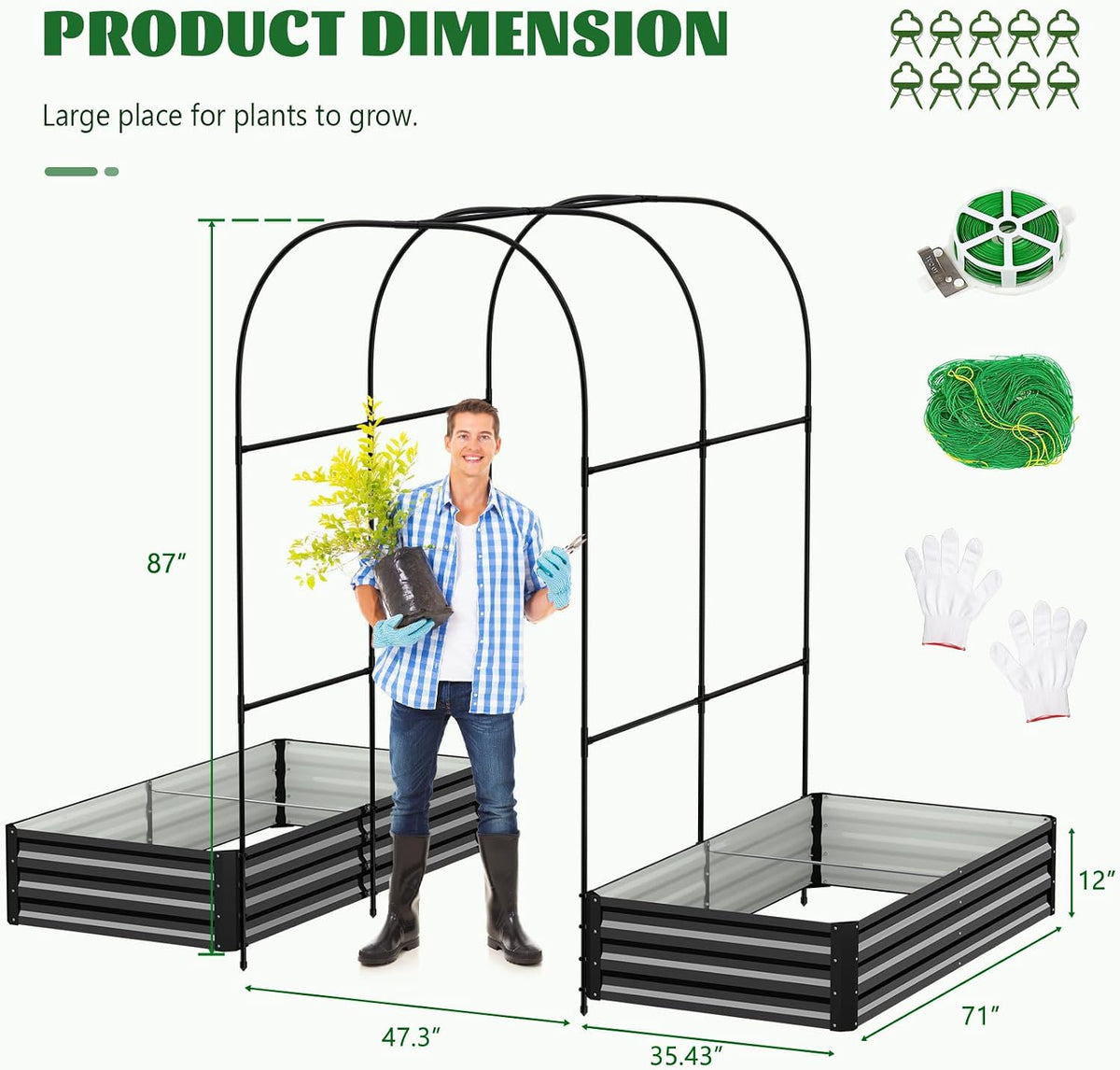 3 in 1 Galvanized Raised Garden Bed with 87" H Arch Trellis