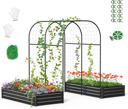 3 in 1 Galvanized Raised Garden Bed with 87" H Arch Trellis