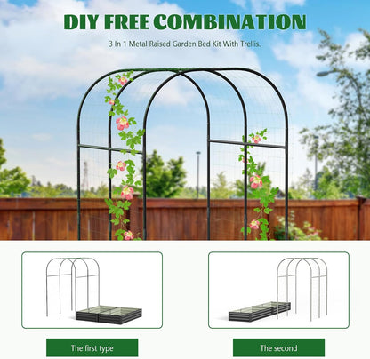 3 in 1 Galvanized Raised Garden Bed with 87" H Arch Trellis