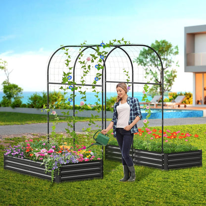 3 in 1 Galvanized Raised Garden Bed with 87" H Arch Trellis