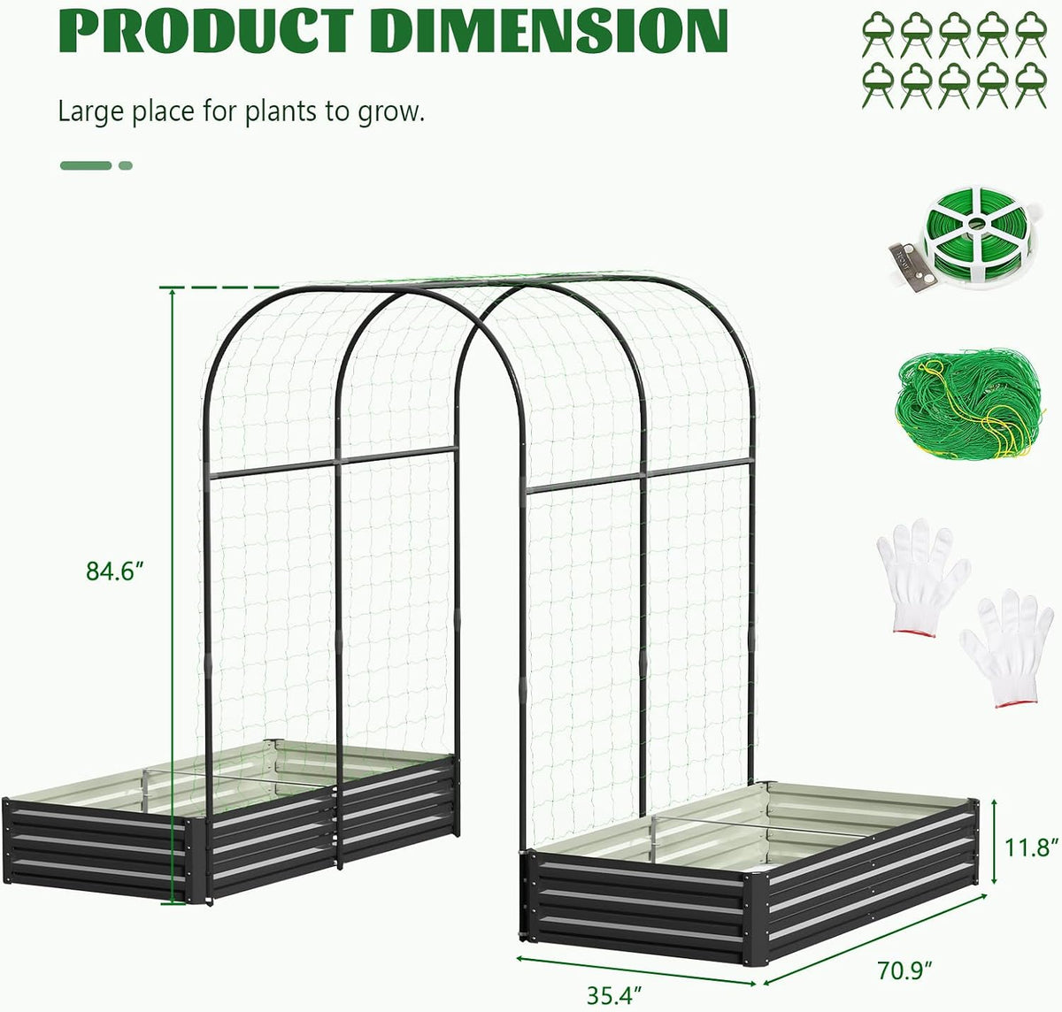 3 in 1 Galvanized Raised Garden Bed with 87" H Arch Trellis