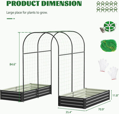 3 in 1 Galvanized Raised Garden Bed with 87" H Arch Trellis