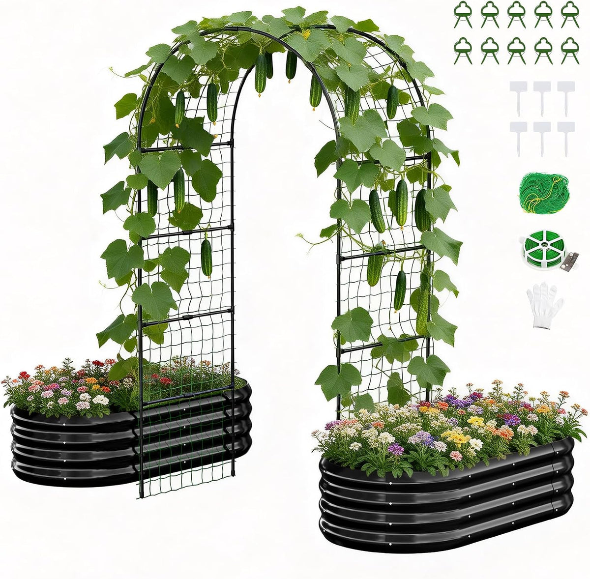 3 in 1 Galvanized Raised Garden Bed with 87" H Arch Trellis