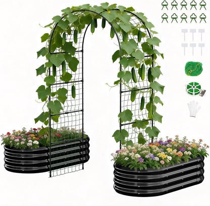 3 in 1 Galvanized Raised Garden Bed with 87" H Arch Trellis